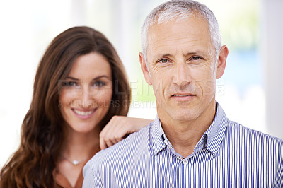 Buy stock photo Portrait, happy and senior man with woman for love, commitment and support with trust for relationship. Couple, age difference and together with pride for connection, bonding and respect with loyalty