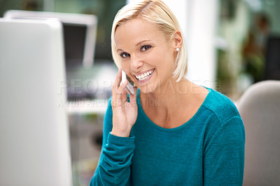Buy stock photo Business woman, phone call and portrait in office for networking, contact and negotiation. Corporate person, smartphone and happy for conversation, communication and mobile connection in workplace