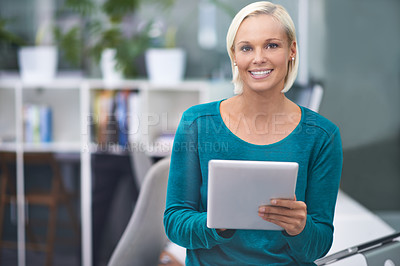 Buy stock photo Woman, tablet and smile in portrait at office for communication, scroll or application for email. Person, employee and happy with digital touchscreen, connection or notification at creative agency