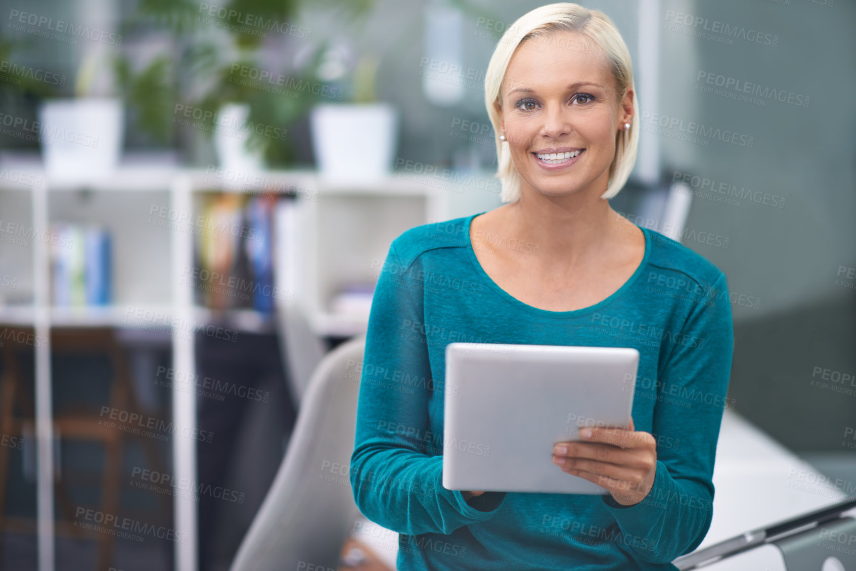 Buy stock photo Woman, tablet and smile in portrait at office for communication, scroll or application for email. Person, employee and happy with digital touchscreen, connection or notification at creative agency