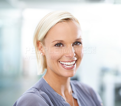 Buy stock photo Portrait, office and happy woman with smile, confidence and opportunity in HR consulting business career. Face, workplace and professional businesswoman with pride in job at human resources agency