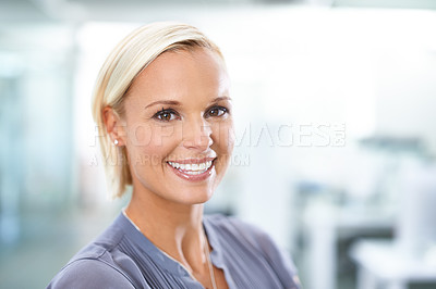 Buy stock photo Portrait, office and woman with smile, confidence and opportunity in HR consulting business career. Face, workplace and happy businesswoman with pride at human resources agency with mockup space