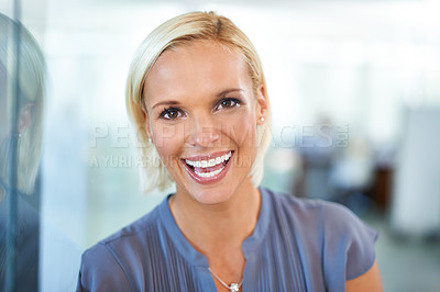 Buy stock photo Portrait, workplace and woman with smile, confidence and opportunity in HR consulting business career. Face, office and happy businesswoman with pride at human resources agency with professional job