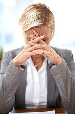 Buy stock photo Lawyer, woman and stress with headache in office with hands, worry and tired of case investigation. Advocate, attorney and person with burnout, frustrated and fatigue with legal paperwork at law firm