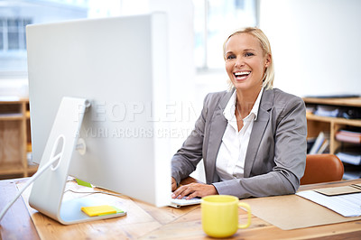Buy stock photo Lawyer, woman and portrait by computer with smile for legal services with pride, knowledge and typing. Attorney, advocate and person by office pc for writing, excited and happy at law firm in Canada