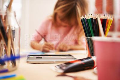 Buy stock photo Little girl, drawing and writing with pencil for art, craft or color in learning creativity or education at home. Young child sketching for artwork with creative imagination in childhood development