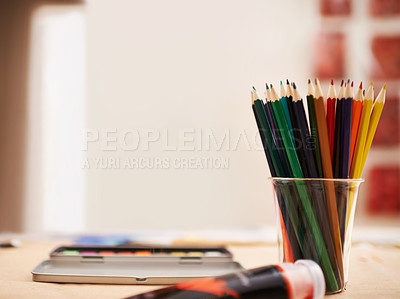 Buy stock photo Pencil, color and stationery with supplies for drawing, sketching or arts and crafts at home. Empty room, interior or equipment of paint, artistic tools or crayons for creativity and imagination