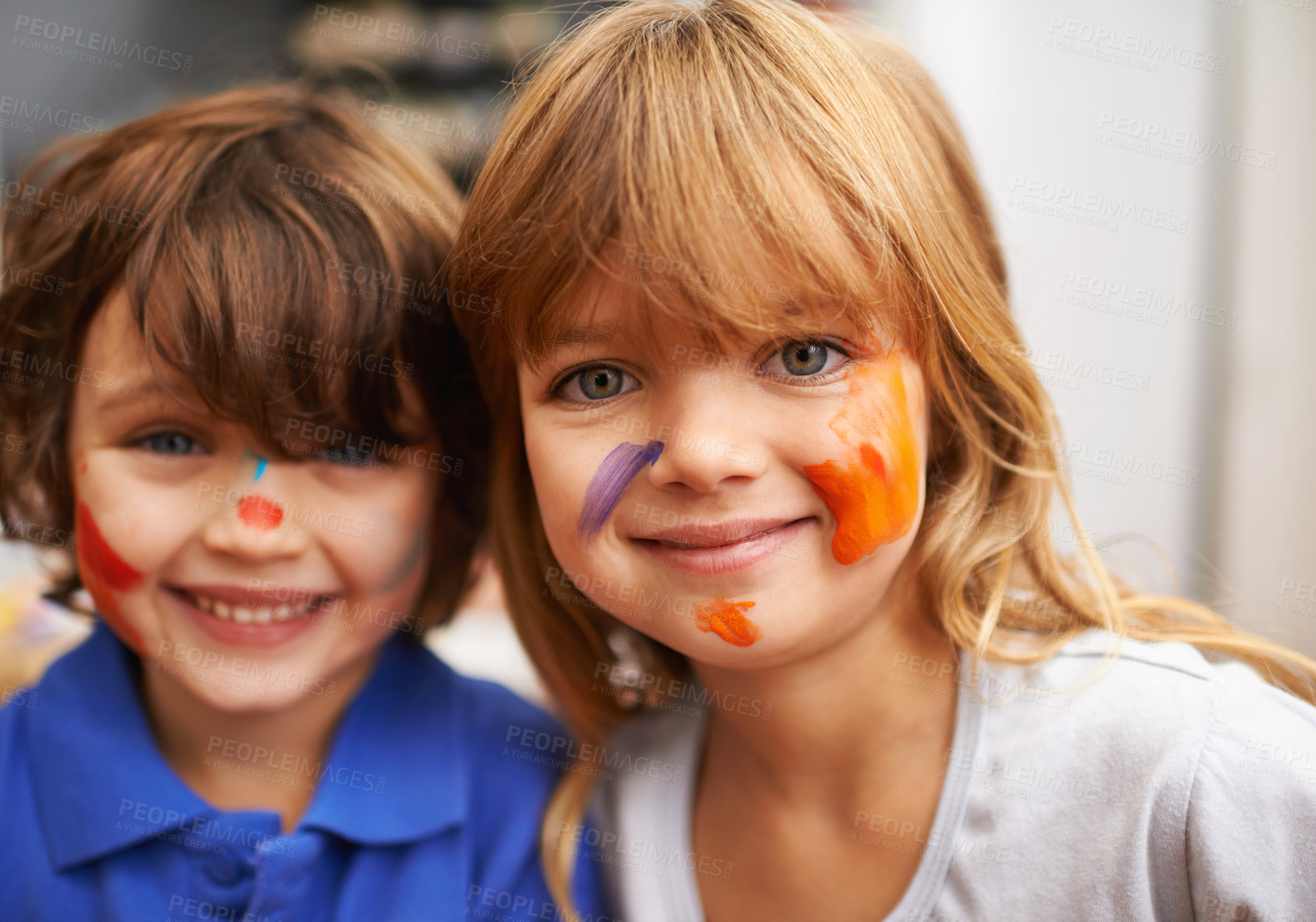Buy stock photo Happy children, portrait and face paint with color for artwork, craft or creativity at elementary school. Little girl, boy or kids with smile for colorful art, youth or early childhood development