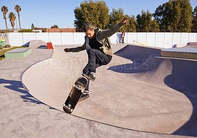 Buy stock photo Skateboard, park and man with ramp, fitness and training for a competition and skating style. Adventure, person and skater with practice for technique and performance with exercise, energy or cardio