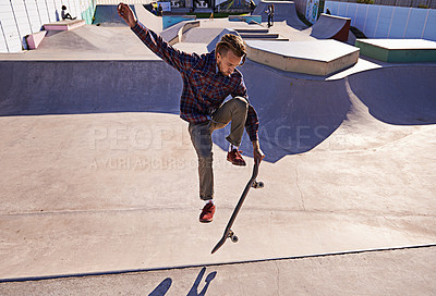 Buy stock photo Skateboard, training and man with ramp, energy and competition with cardio and sunshine. Adventure, person and skater with practice for technique and skating style with exercise, sports and skills