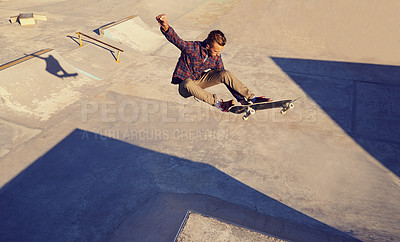 Buy stock photo Man, hobby and skateboard at skatepark for practice or training to play, trick and committed. Outdoor, exercise and experience on break or leisure to enjoy for activity, sport and passion for fitness