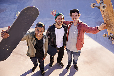 Buy stock photo Skateboard, portrait and friends at a city park for training, fun or bonding session from above. Happy, face or top view of gen z skater men outdoor for travel, vacation or weekend reunion with hobby