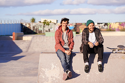 Buy stock photo Skate park, portrait and skater friends relax outdoor after fun session, training or bonding on vacation. Skateboard, hobby and gen z male people chilling on a ramp for break, holiday or boarding