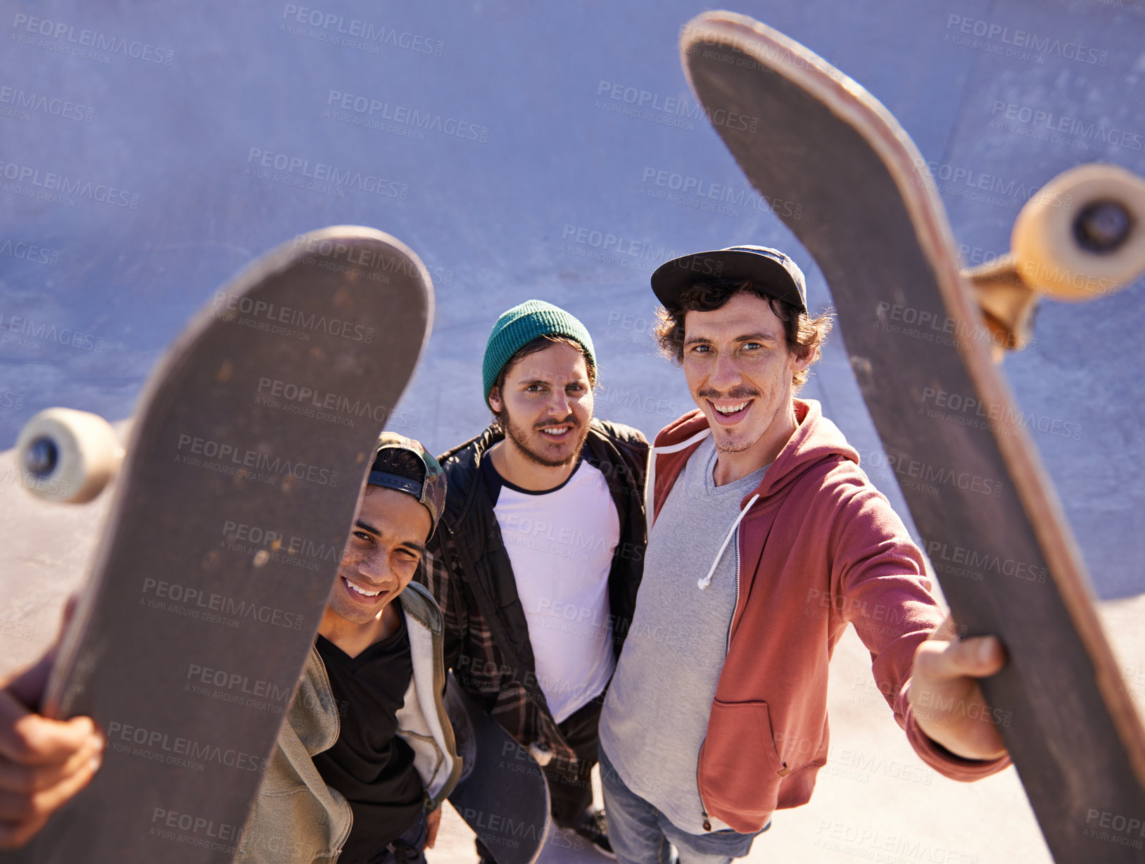 Buy stock photo Portrait, skateboard and friends at a city park for training, fun or bonding session from above. Happy, face or top view of gen z skater men outdoor for travel, vacation or weekend reunion with hobby