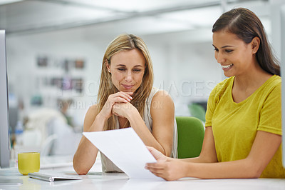 Buy stock photo Business people, reading and paperwork for planning in office, discussion and solution by problem solving.  Colleagues, women and documents for solution or strategy in creative agency or workplace