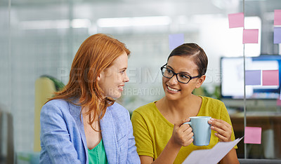 Buy stock photo Business people, mug and paperwork for planning in office, discussion and latte for problem solving in workplace. Colleagues, drinking tea and documents for solution or strategy in creative agency