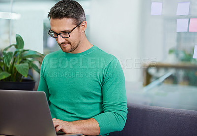 Buy stock photo Man, laptop and online for business in office, networking and b2b on website for communication. Male person, check email and internet for research in workplace, smile and blog for creative agency
