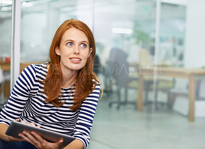 Buy stock photo Attractive female thinking how to word some work indoors