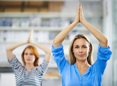Buy stock photo Business woman, portrait and yoga in office, meditation and spiritual awareness on break. Female person, professional and mindfulness with pilates or namaste pose in workplace, zen and calm at agency
