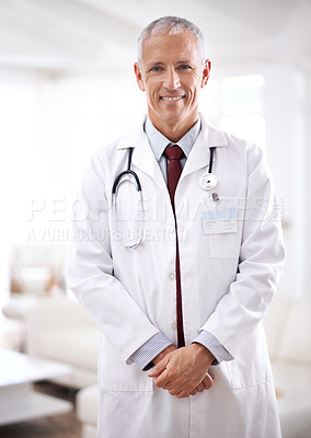 Buy stock photo Healthcare, portrait and doctor with smile in hospital for support, services and wellness. Medicine, happy and face of mature medical professional for confidence, help and treatment in clinic