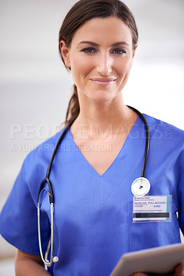 Buy stock photo Portrait, doctor and woman with tablet for medical results, information or health insurance. Hospital, surgeon and face of female professional by confidence for smile, care and support in clinic