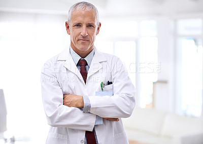 Buy stock photo Senior man, doctor and portrait with arms crossed for health, wellness and helping in hospital. Mature healthcare expert, medic and professional with medical knowledge, experience and work in clinic