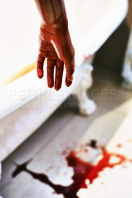 Buy stock photo A cropped shot of a man's hand covered in blood