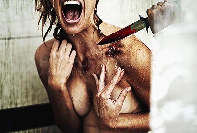 Buy stock photo A cropped shot of a murderer attacking a woman in the shower