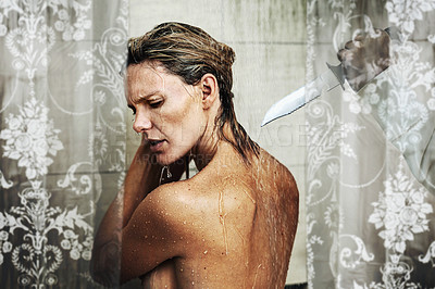 Buy stock photo A cropped shot of a murderer attacking a woman in the shower