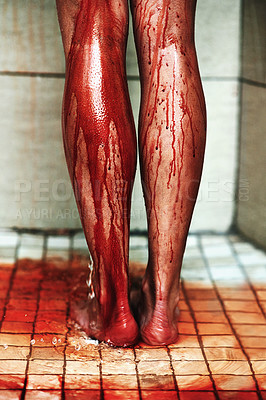 Buy stock photo A cropped shot of a woman covered in blood standing in the shower