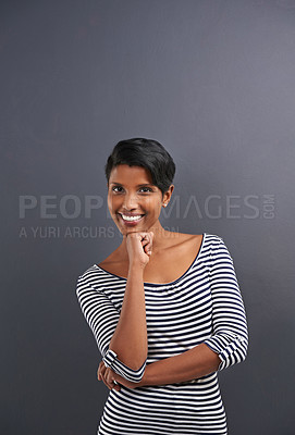 Buy stock photo Woman, portrait and smile with confidence of a creative employee with grey background ready for work. Job, inspiration and happy Indian female worker with wondering and mockup space with style