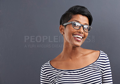 Buy stock photo Woman, portrait and smile with glasses of creative employee with grey background ready for work. Job, inspiration and happy Indian worker with fashion designer confidence and mockup space with style