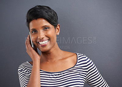 Buy stock photo Woman, portrait and phone call with confidence of a creative employee with grey background ready for work. Job, inspiration and happy Indian female worker with wondering and networking with style