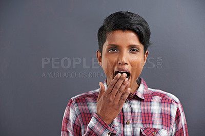 Buy stock photo Yawn, tired and portrait for woman with gesture for sleepy, fatigue and bored on mockup. Indian person with hand on mouth for etiquette, snooze and symbol for lazy, exhausted and relax in studio 
