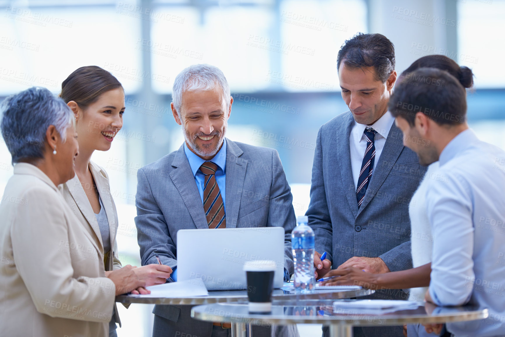 Buy stock photo Ceo, laptop and mento with business people in meeting for coaching, planning and strategy. Website, leadership and project management with employees in office for boss, training and director