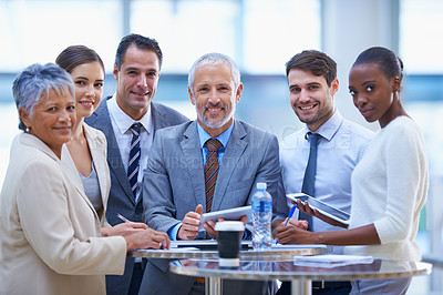 Buy stock photo Meeting, teamwork and portrait of business people for planning, brainstorming ideas and discussion. Corporate, collaboration and men and women with technology, documents and online report for project