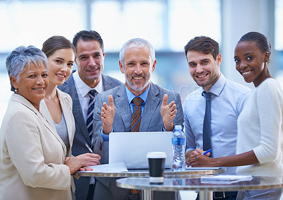 Buy stock photo Meeting, office and portrait of business people for planning, teamwork and discussion. Corporate diversity, collaboration and men and women with computer, documents and online report for project