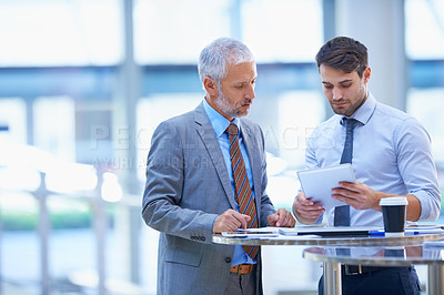 Buy stock photo Internship, tablet and manager talking to employee in a meeting or search internet, online or website for information. Mockup, mentor and senior businessman coaching young person in training for job