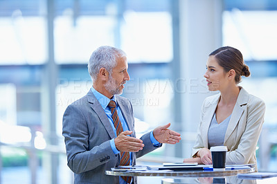 Buy stock photo Businesspeople, colleagues and meeting with tablet, talking   and discussion for workshop. Conversation, hand gesture and coworker for conference, professional or corporate male manager with employee