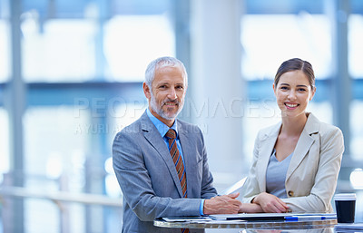 Buy stock photo Portrait of a mature businessman standing with a younger female colleague