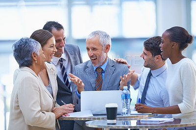 Buy stock photo Meeting, laptop and excited business people in celebration for good news, promotion and winning. Corporate, collaboration and happy men and women on computer for internet, website and online success