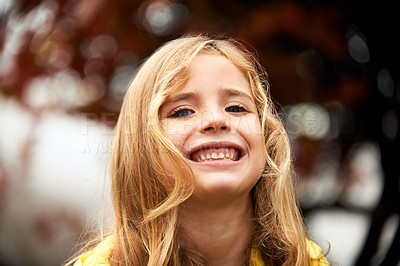 Buy stock photo Portrait, smile and happy girl in nature, winter and outdoors for cold weather. Face, child and joyful in season or rain on vacation in Scotland, holiday or outside for youth for travel and morning