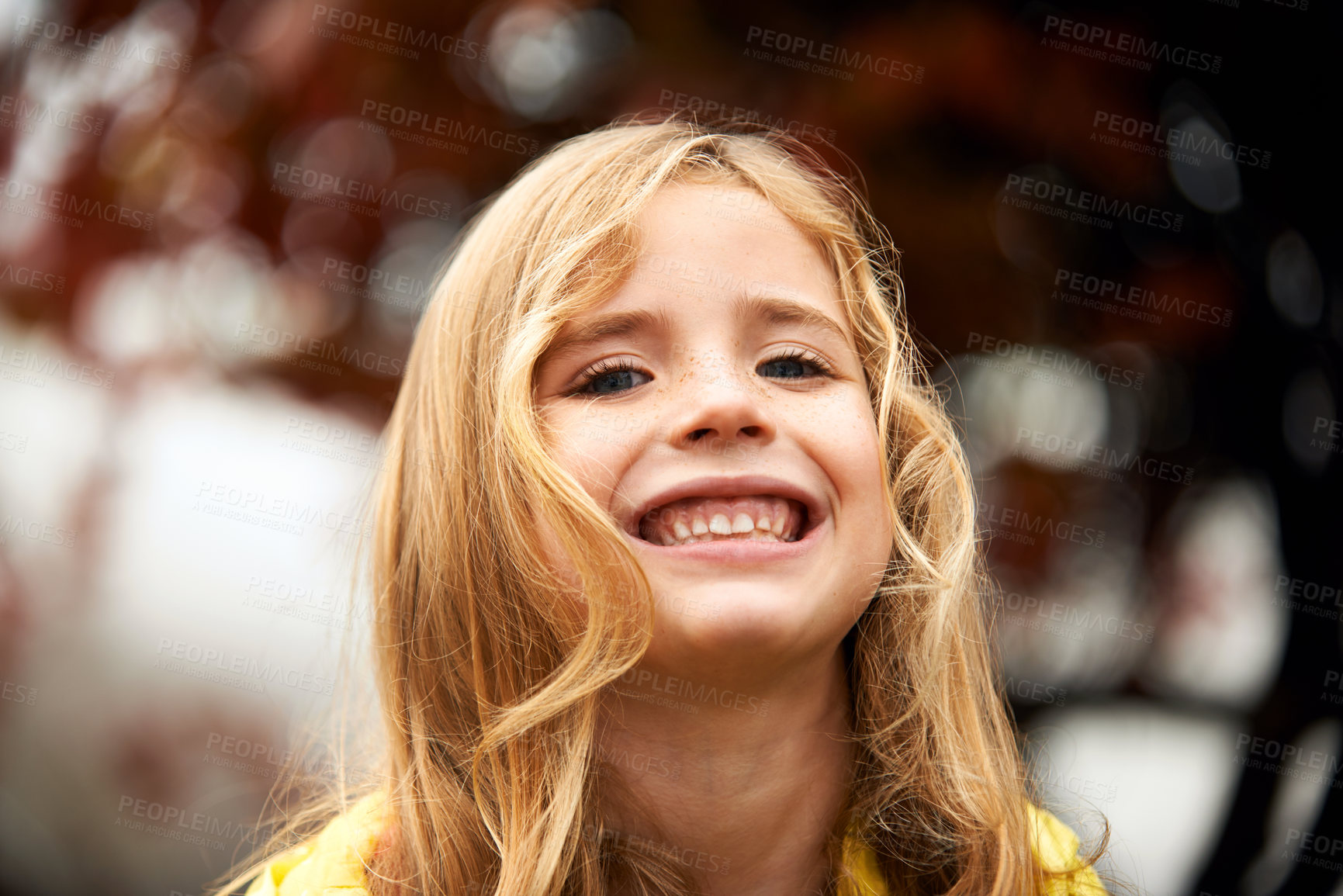 Buy stock photo Portrait, smile and happy girl in nature, winter and outdoors for cold weather. Face, child and joyful in season or rain on vacation in Scotland, holiday or outside for youth for travel and morning