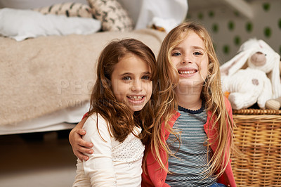 Buy stock photo Happy, hug and portrait of children in bedroom for relaxing, bonding and playing with toys in home. Night, friends and young girls on floor embrace for childhood, fun and happiness in house together