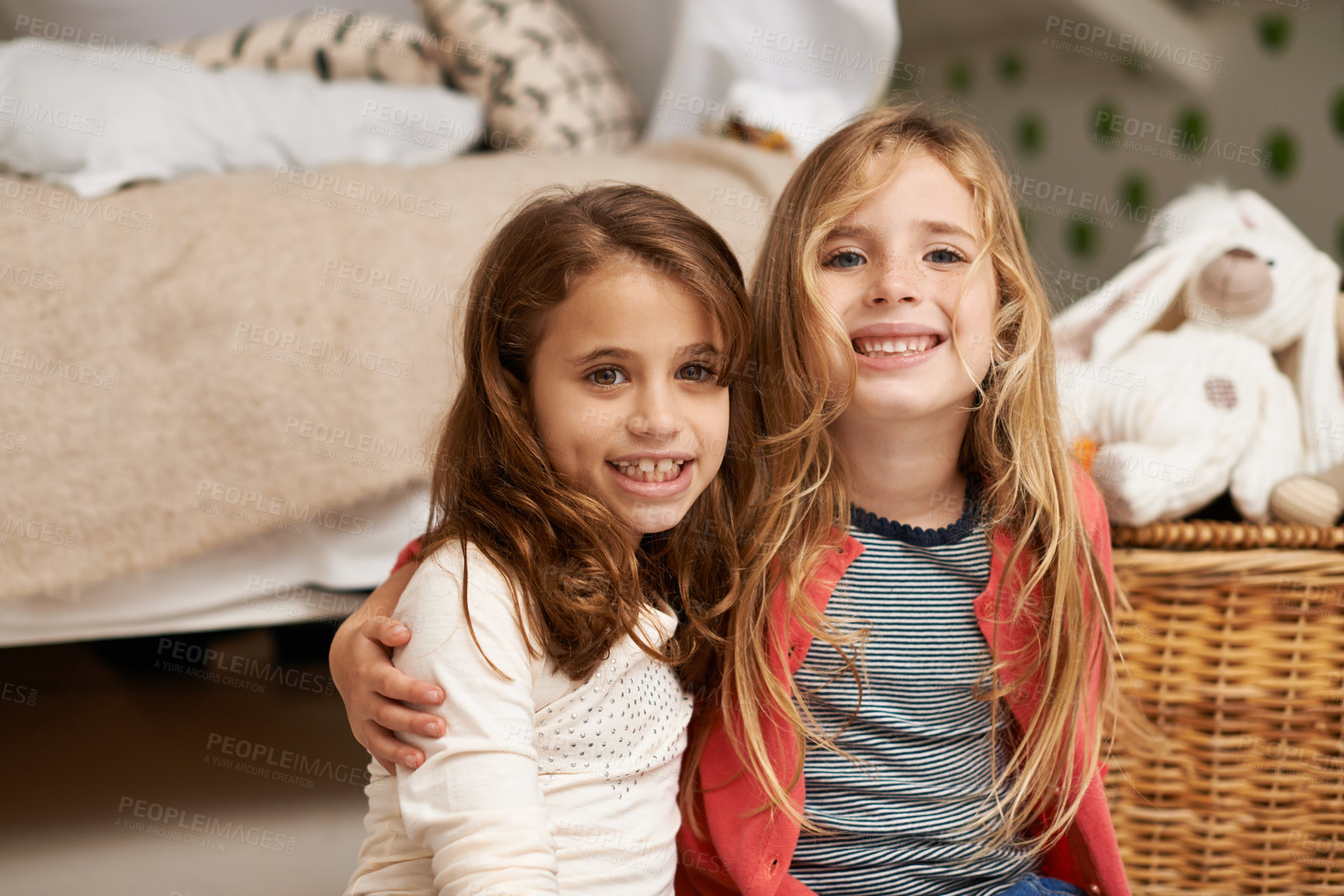 Buy stock photo Happy, hug and portrait of children in bedroom for relaxing, bonding and playing with toys in home. Night, friends and young girls on floor embrace for childhood, fun and happiness in house together