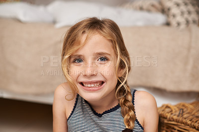 Buy stock photo Portrait, young kid or big smile in oral hygiene, dental care or orthodontics as healthy teeth. Happy, proud or female child in clean, mouth or fresh breath as whitening, wellness or dentistry