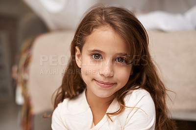 Buy stock photo Portrait of a cute little girl at home