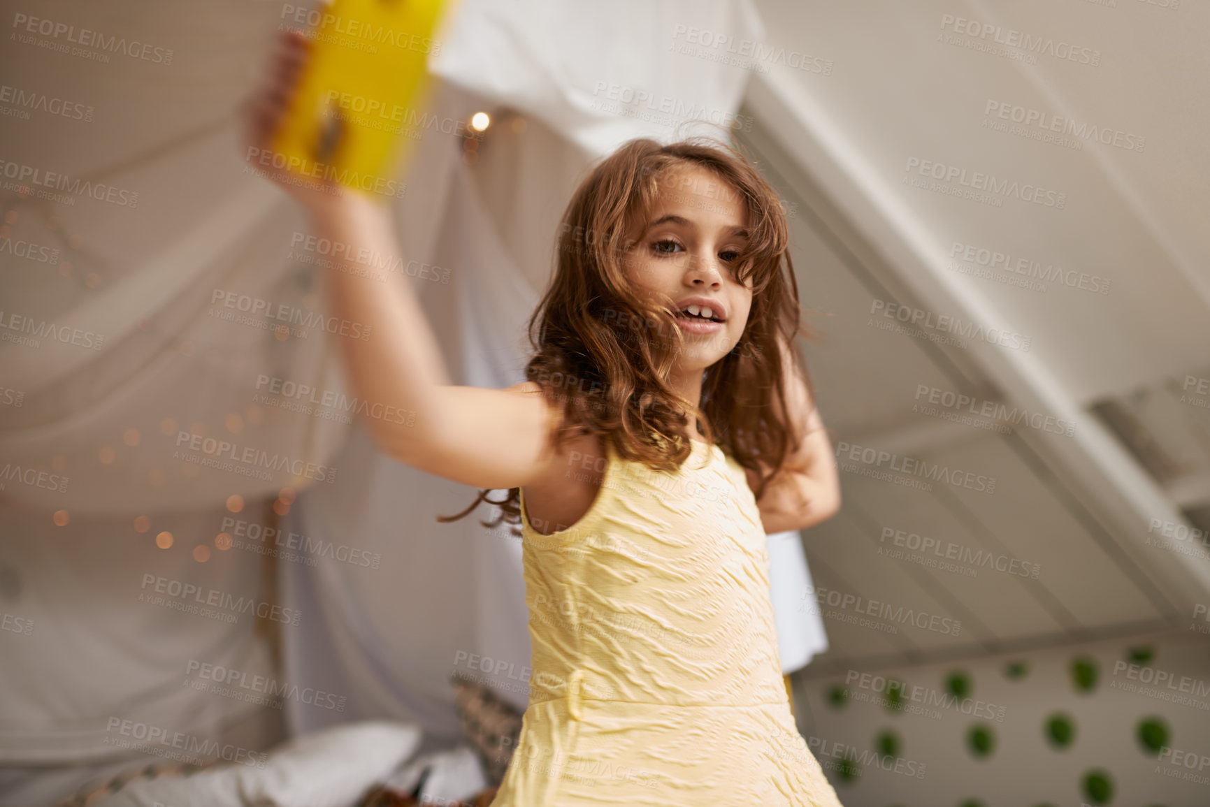 Buy stock photo Girl, child and home with tambourine in portrait for playing, music or learning rhythm in bedroom. Kid, instrument and smile for noise, sound or concert for funny game with creativity at family house