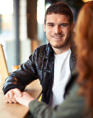 Buy stock photo Man, woman and cafe date with love, hand holding for couple and romantic affection. Boyfriend, support together for bonding relationship, female person at table for trust comfort and compassion