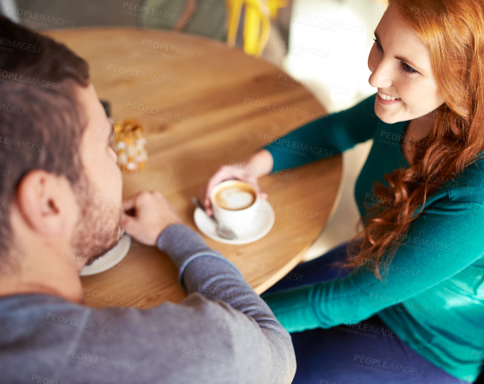 Buy stock photo Restaurant, date and couple with coffee, conversation and marriage with romance and trust. Cafe, man or woman with morning or bonding together with care or relationship with love, cappuccino or flirt